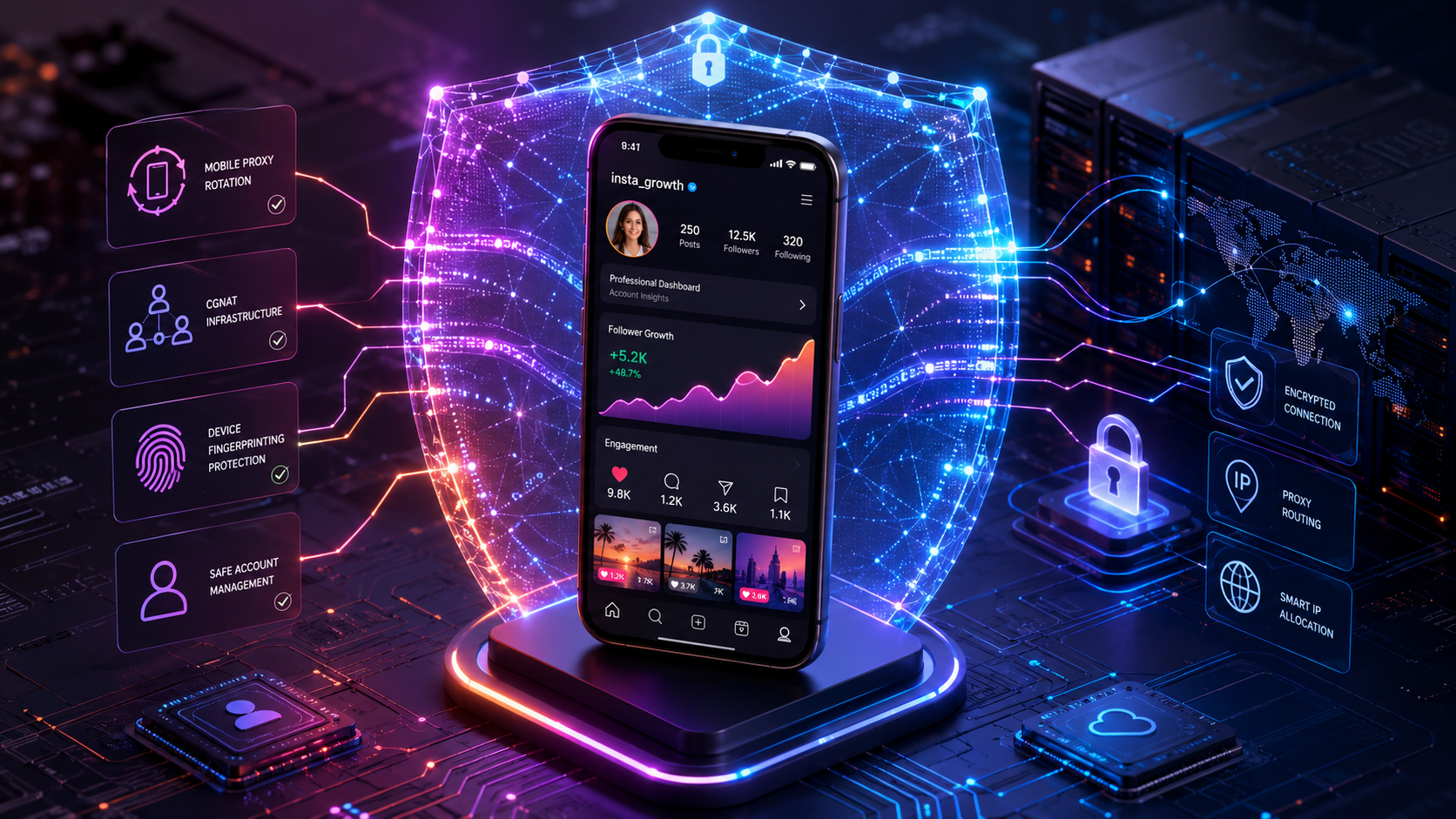 3D иллюстрация смартфона с аналитикой Instagram, защитным цифровым щитом, прокси, шифрованием и ростом подписчиков