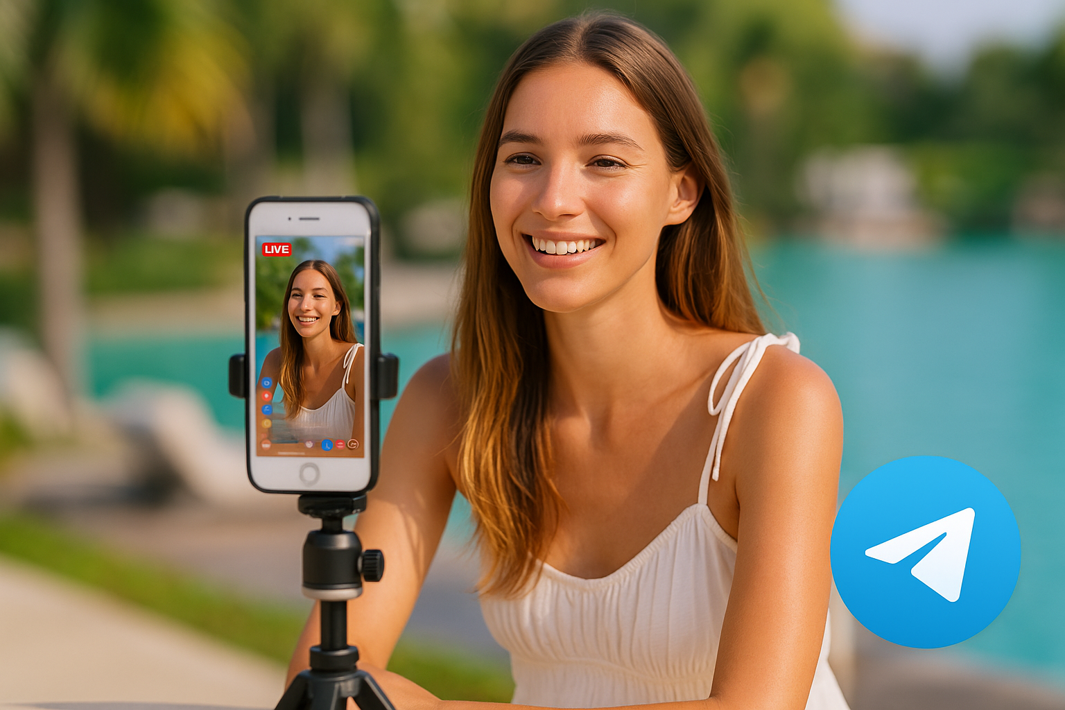 Стрим в тг: девушка запускает прямой эфир на телефоне, находясь на курорте