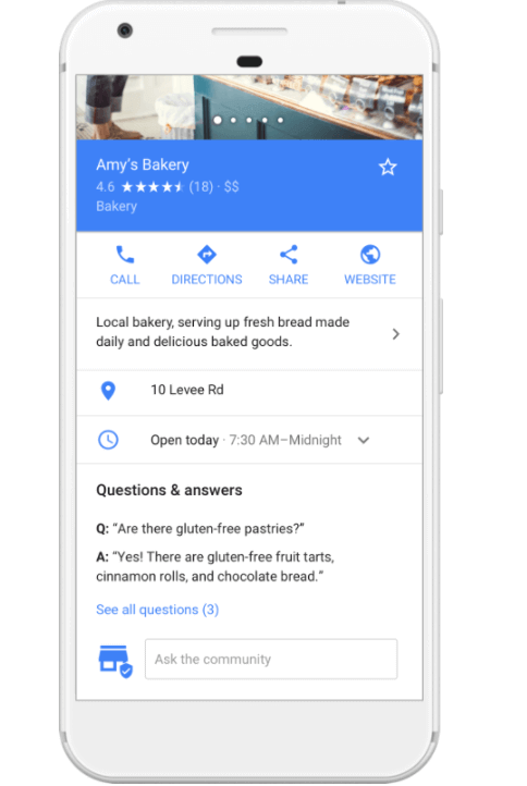 respond to every question that appears on your business page. you see an example of a Q&A on google maps in the image.