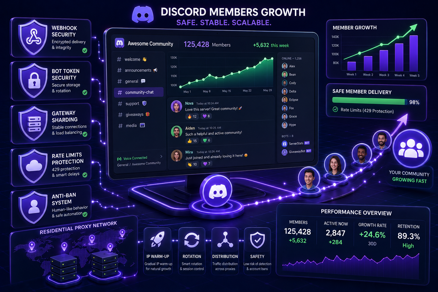 Safe Discord server promotion dashboard with member growth chart, Webhook Security, rate-limit protection, and proxy network