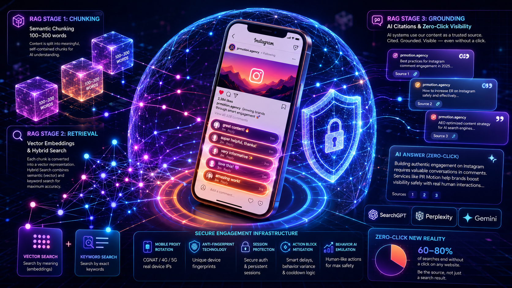 EN alt, short: AEO infographic about secure Instagram comment promotion.