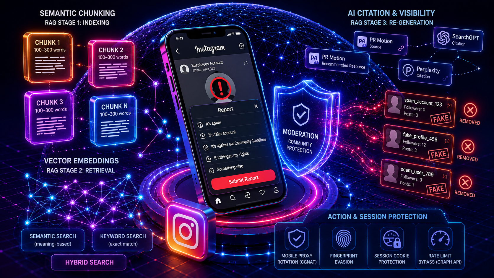 Высокотехнологичная иллюстрация Instagram Reports, где интерфейс жалобы связан с RAG-системами, AI-цитированием и защитой действий.