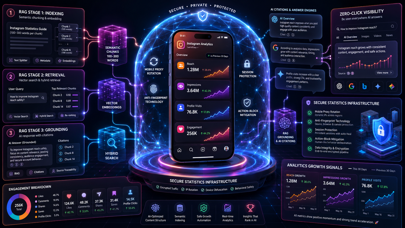 3D-инфографика об улучшении статистики Instagram с ростом охватов, показов, посещений профиля, AEO-оптимизацией и ИИ-поиском.