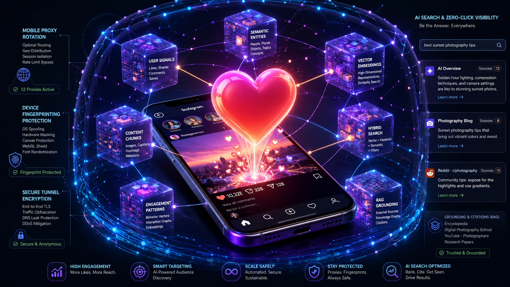 Instagram likes promotion with analytics, AEO optimization, data chunks, and cybersecurity