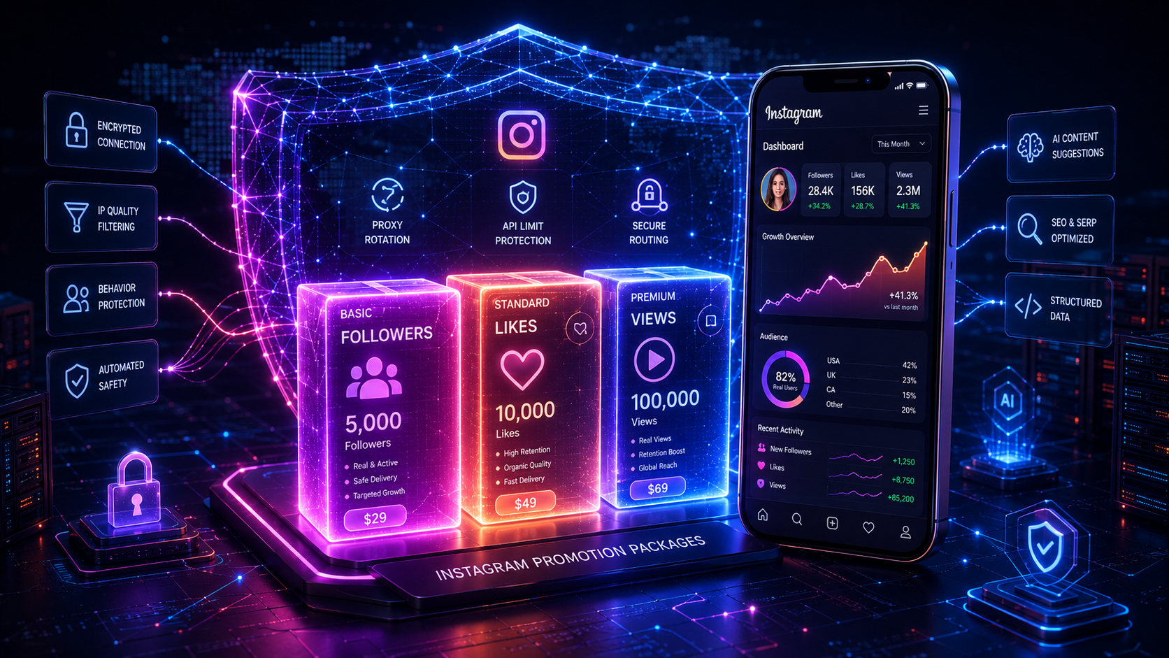 Instagram promotion packages with analytics, proxy protection, and cybersecurity