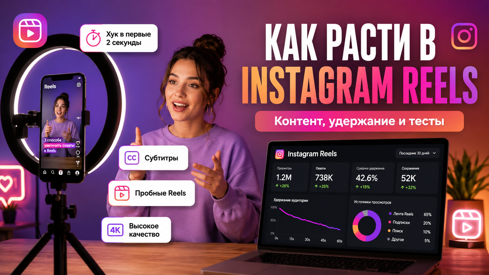 Создатель контента снимает видео для Instagram Reels и анализирует рост охватов и удержание.