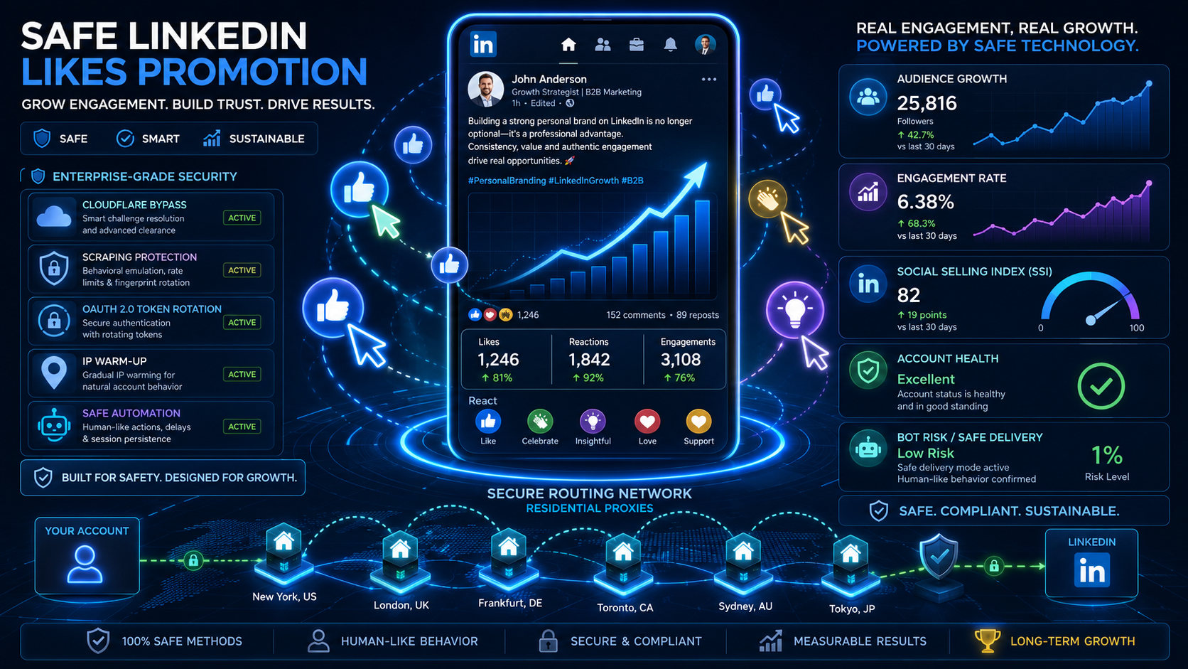 Smartphone showing a LinkedIn post with reaction growth charts, Like, Celebrate, and Insightful buttons, plus account protection