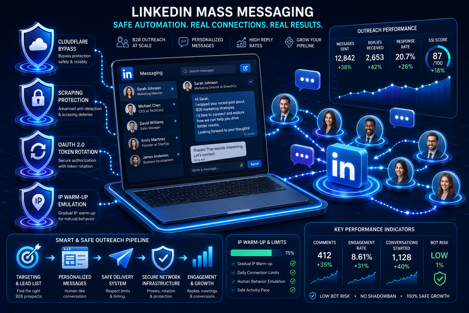 Laptop showing LinkedIn messaging interface, outreach performance chart, IP warm-up, OAuth 2.0, and account protection