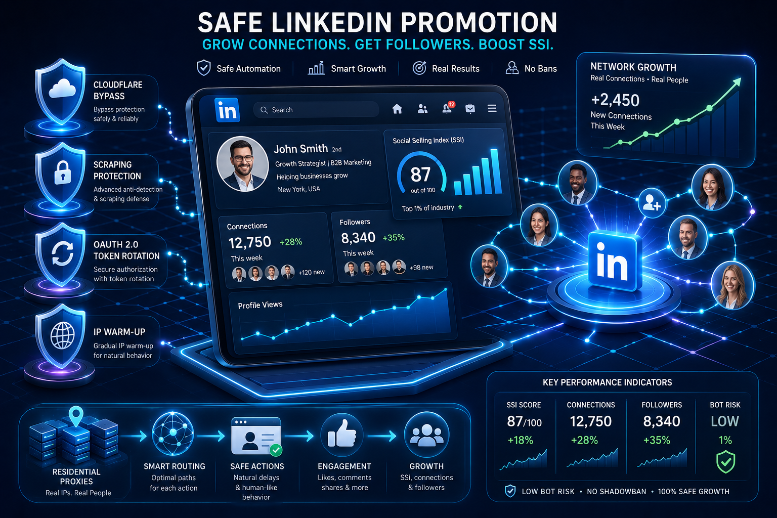 Safe LinkedIn growth panel with profile analytics, network growth, OAuth 2.0, IP warm-up, and proxy infrastructure