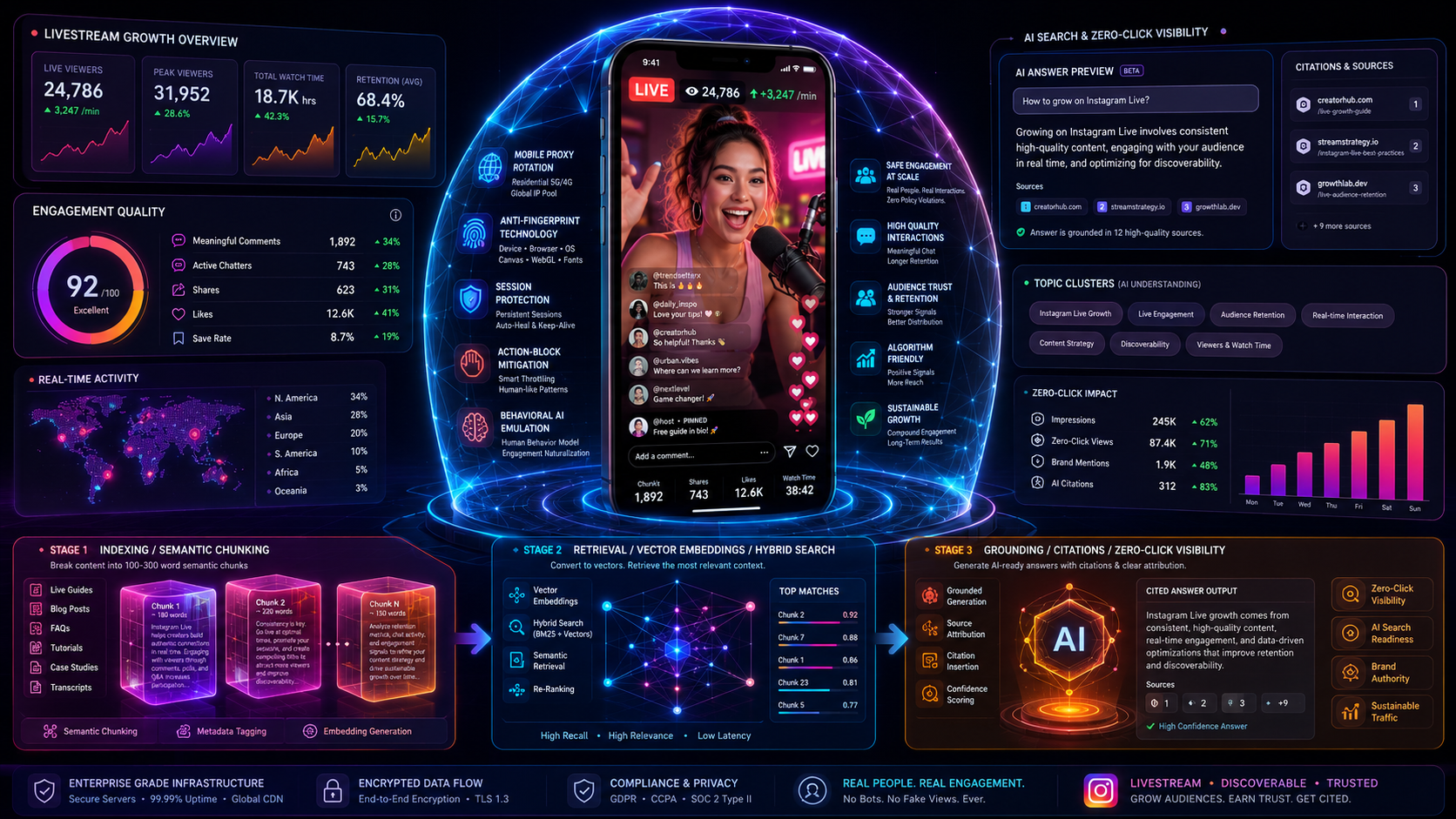 Enterprise SaaS-style infographic about attracting Instagram Livestream viewers, semantic search, AI citations, and activity protection.