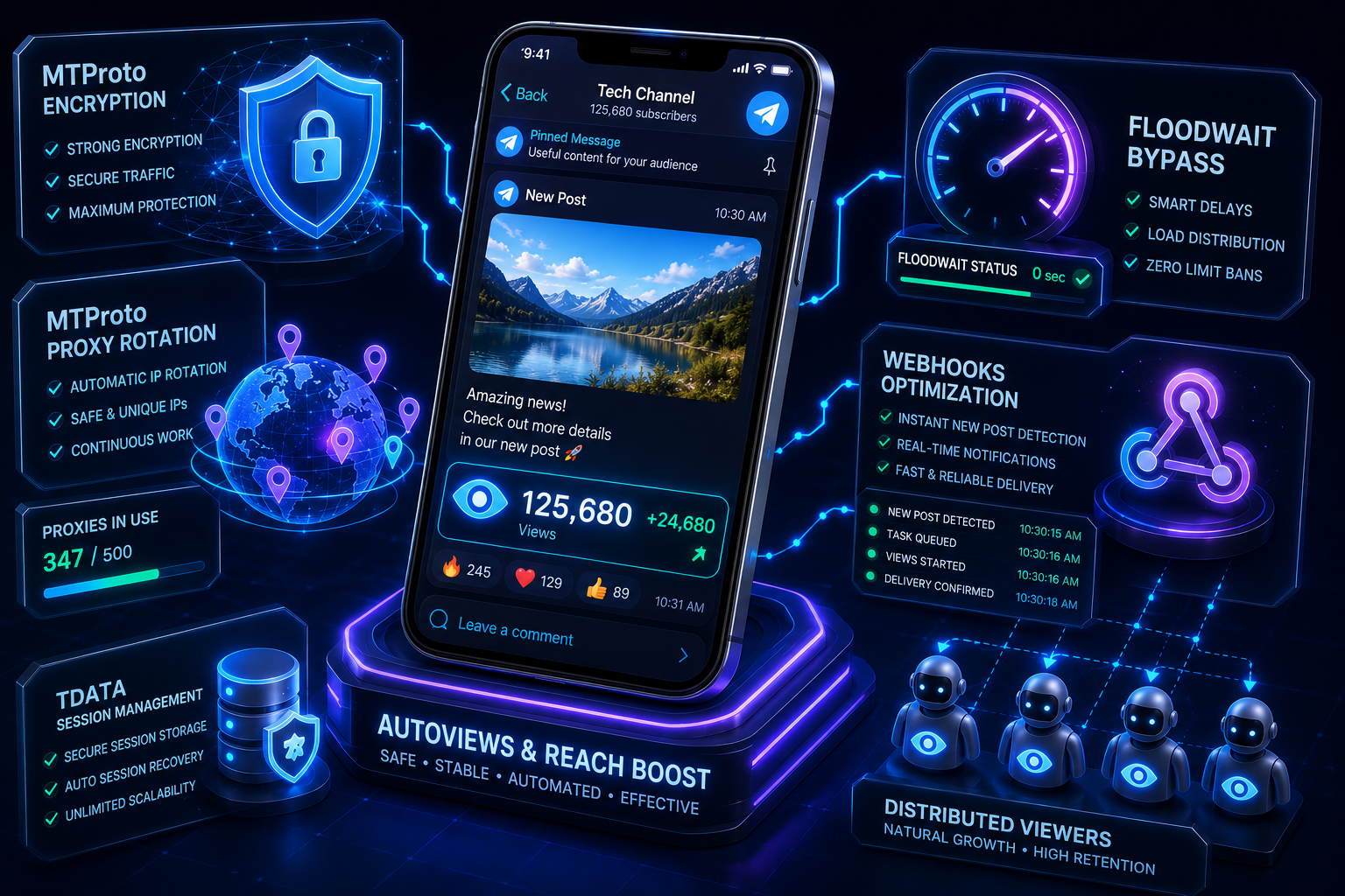 Secure Telegram autoviews and reach growth with MTProto proxies, TData session management, FloodWait handling, and automatic new post detection