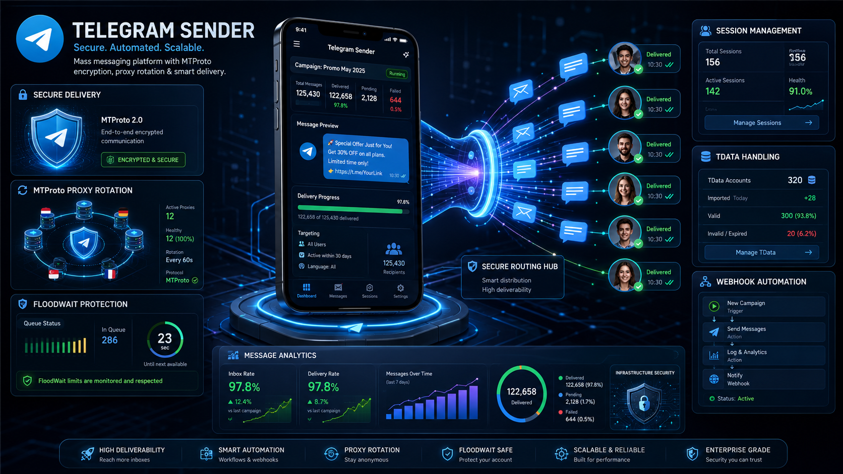 Secure Telegram mass mailing automation with delivery analytics, TData sessions, webhooks, and infrastructure protection