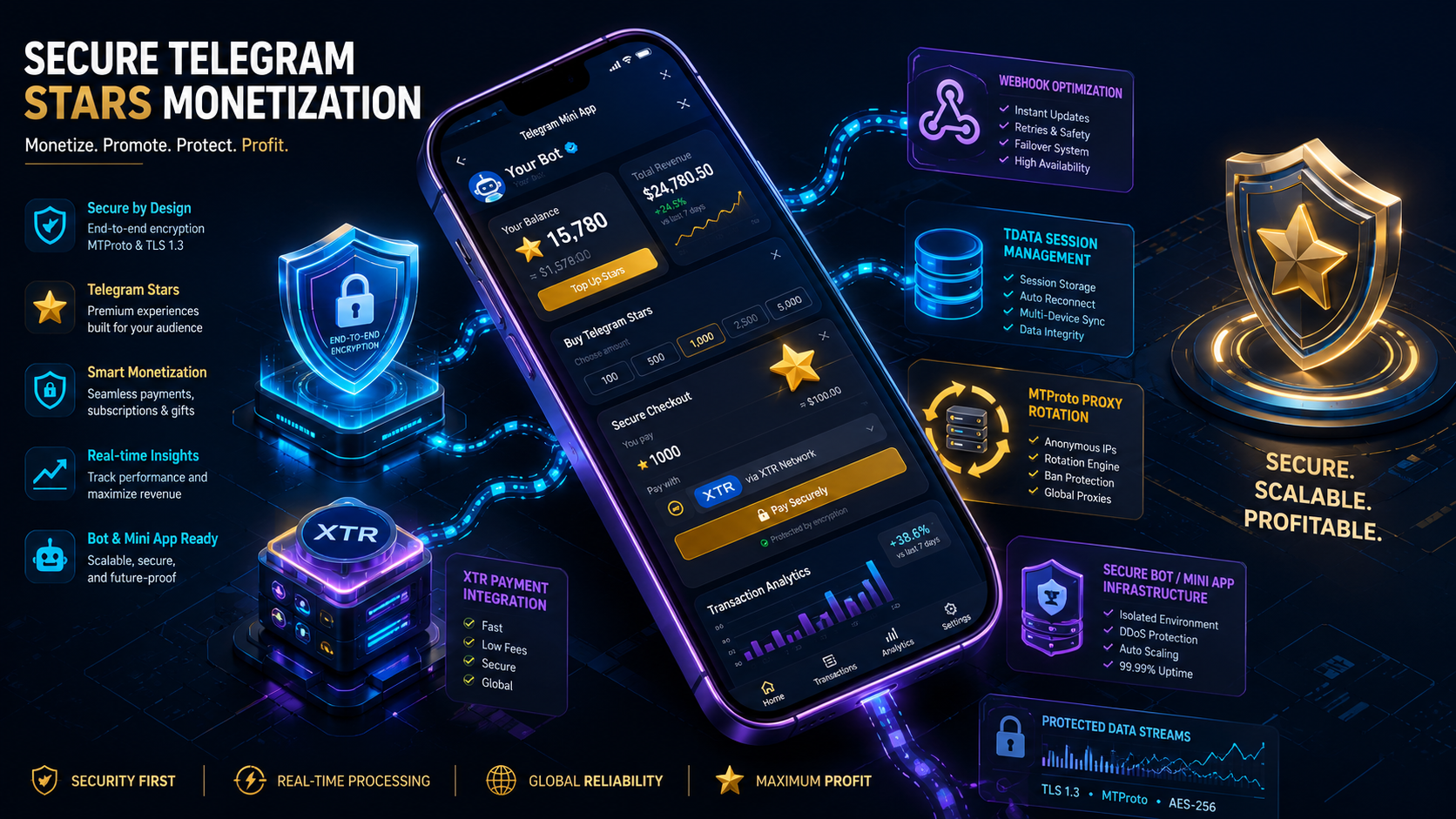 Secure Telegram Stars monetization with XTR payment integration, MTProto proxies, TData session management, and Mini App protection