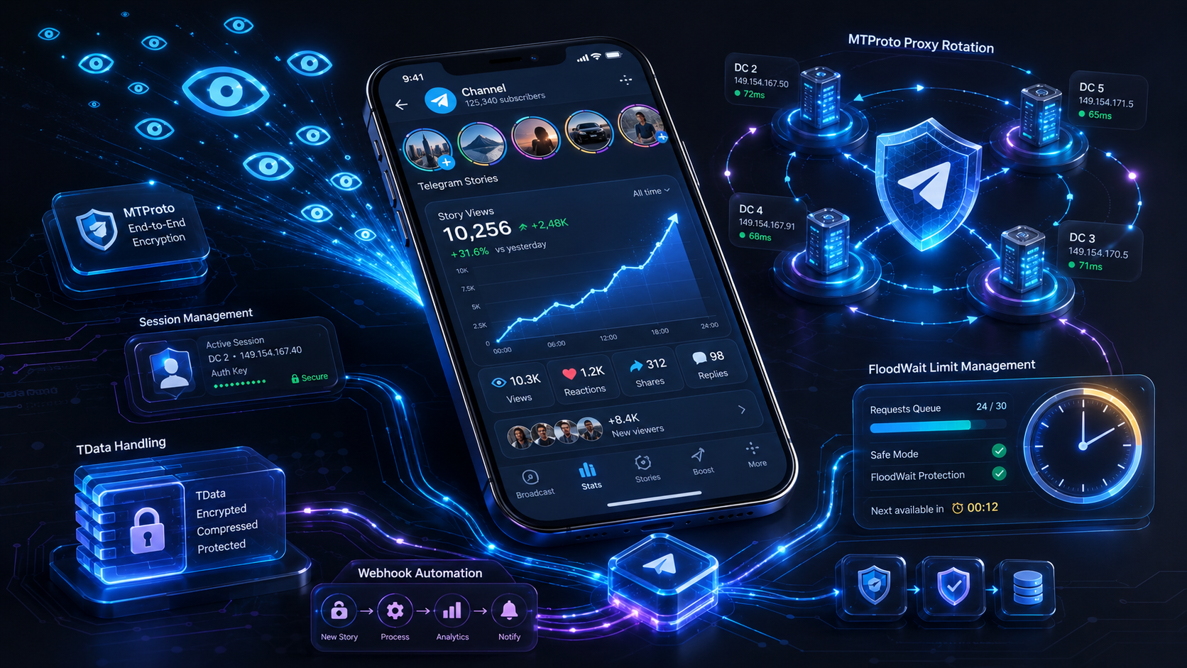 Futuristic Telegram Stories analytics with growing views, MTProto protection, and secure automation