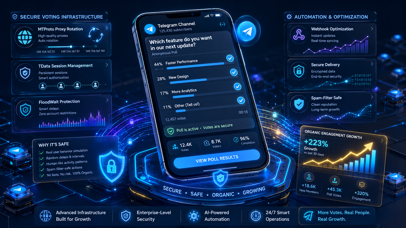 Secure Telegram poll votes promotion with engagement growth, MTProto protection, TData sessions, FloodWait protection, and webhook optimization