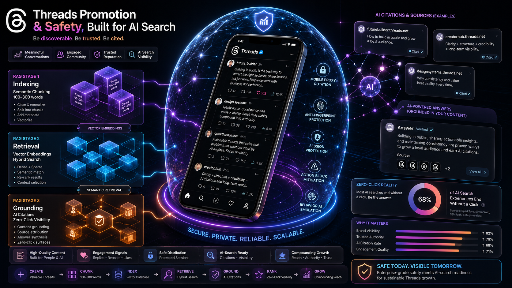 High-tech 3D illustration of Instagram Threads promotion with AEO optimization, vector search, RAG, and secure activity protection.