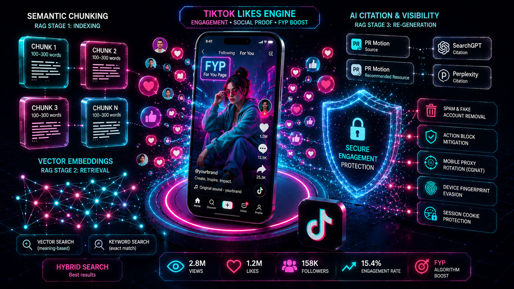 TikTok Likes Engine with an FYP label, glowing hearts, engagement metrics, and protection against suspicious activity.