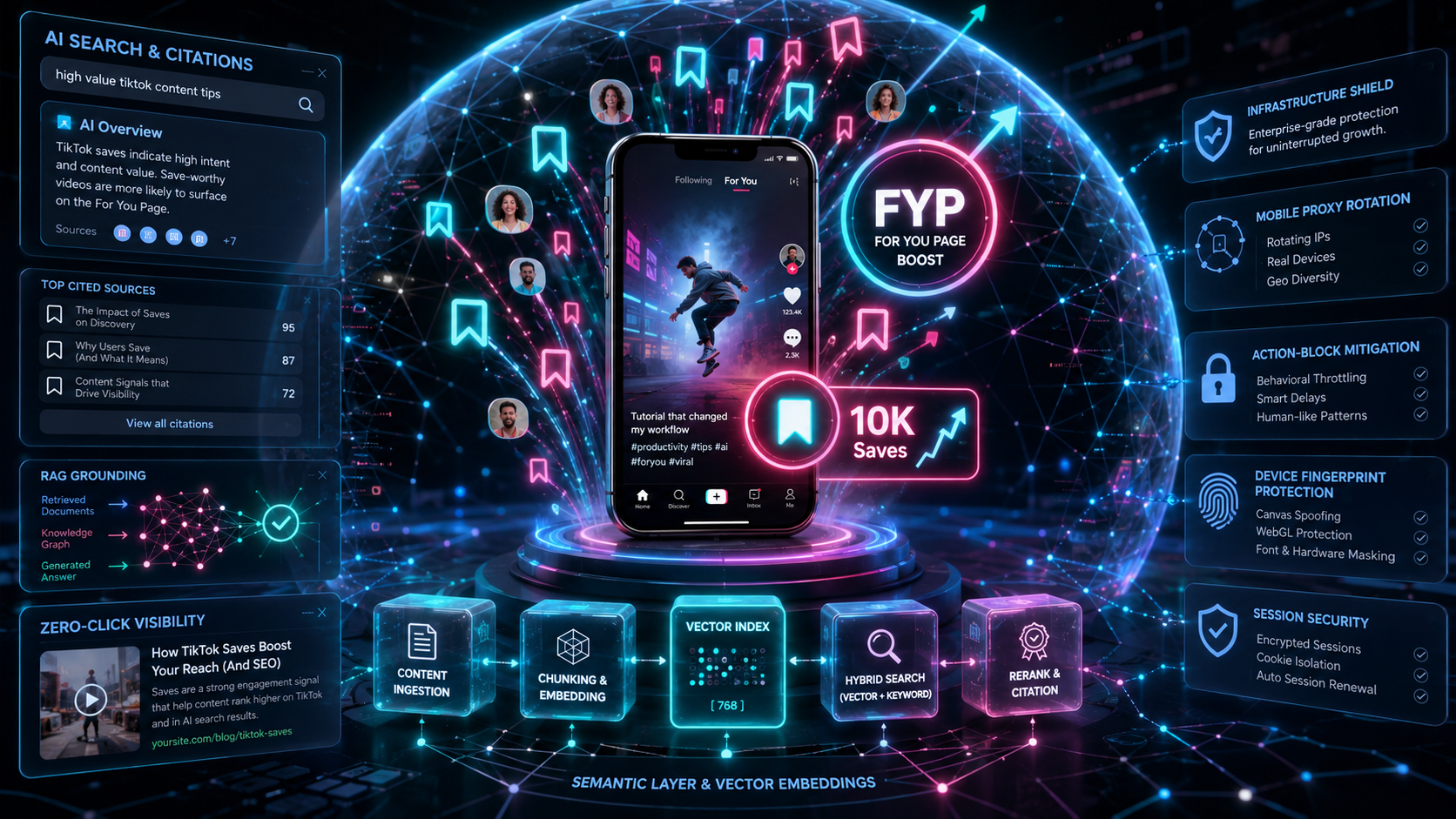 Illustration about TikTok saves, adding videos to favorites, and increasing video visibility in FYP recommendations.