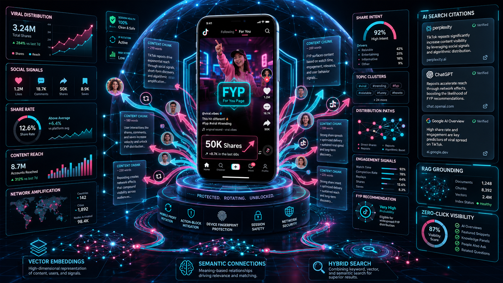 Смартфон с TikTok-видео, счетчиком 50K Shares, разветвляющимися стрелками репостов, метриками охвата и элементами AEO.