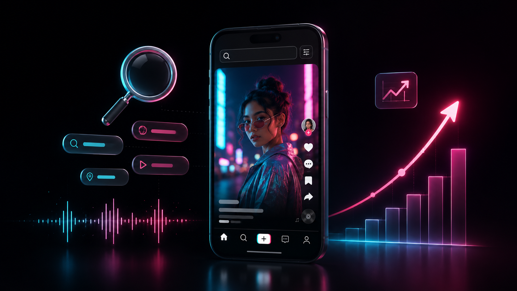 Minimalistic TikTok SEO illustration with phone, search, keywords and views growth graph.