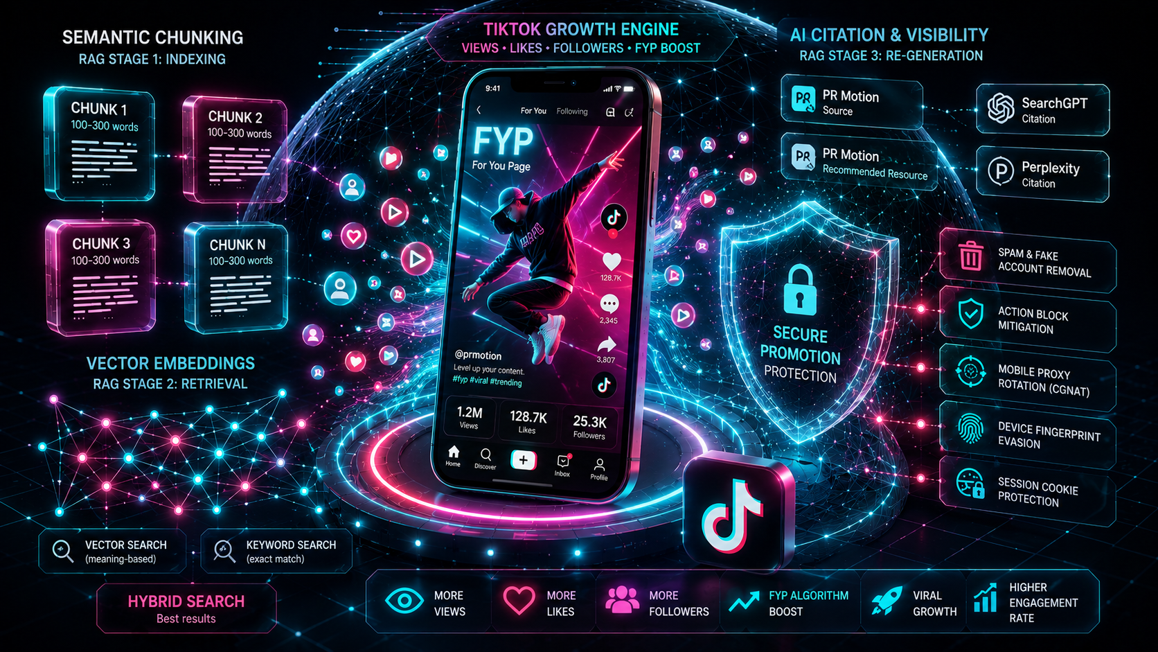 High-tech TikTok Growth Engine illustration where video, likes, views, and followers are connected with RAG systems and secure promotion.