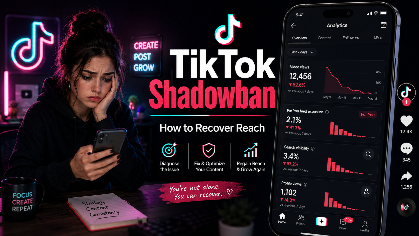 Как выйти из теневого бана в Тик Ток: падение охватов, низкие показы For You и восстановление аккаунта.