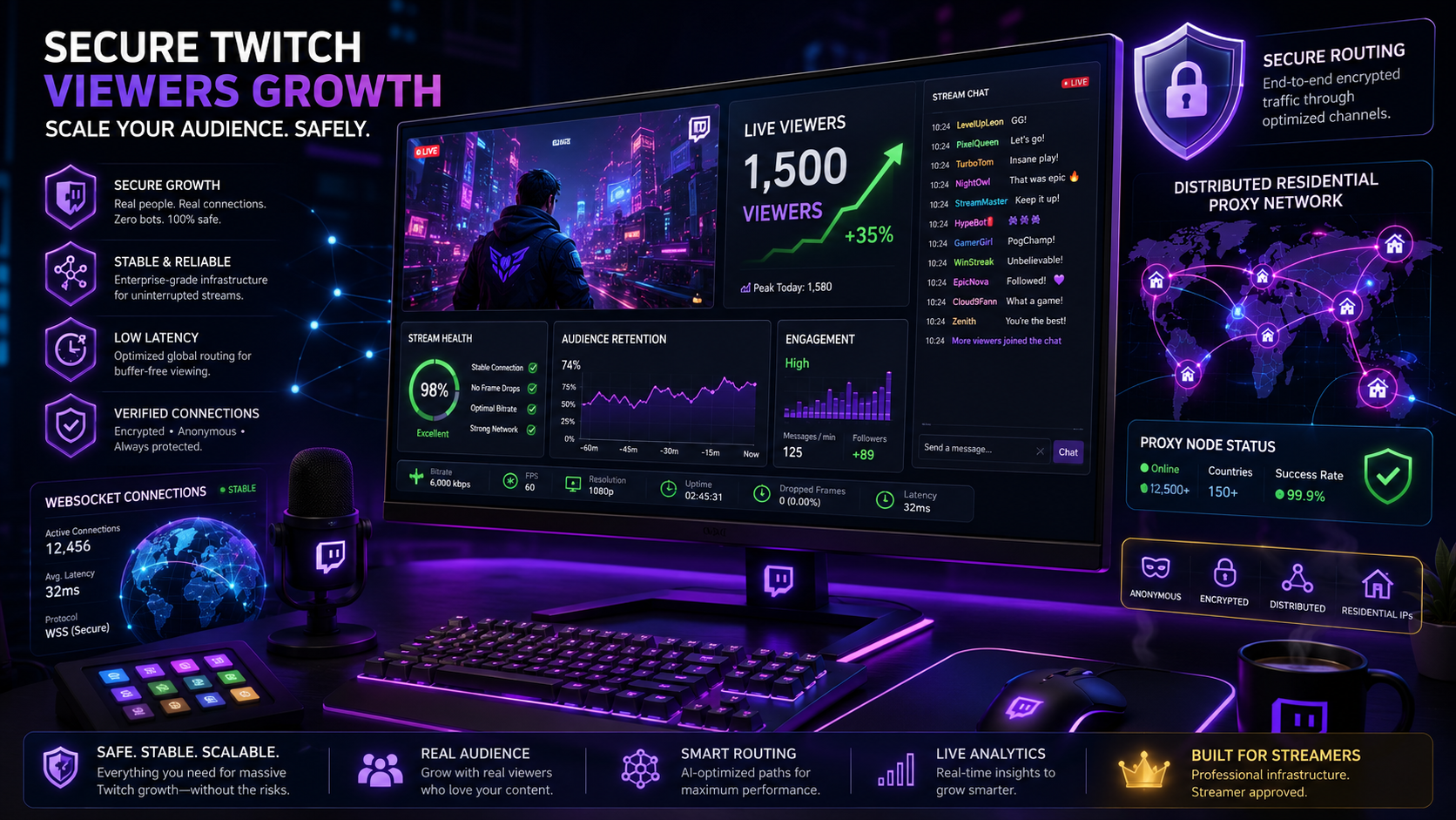 Панель безопасного продвижения зрителей Twitch с графиком онлайна, удержанием аудитории, low latency и защищенным роутингом