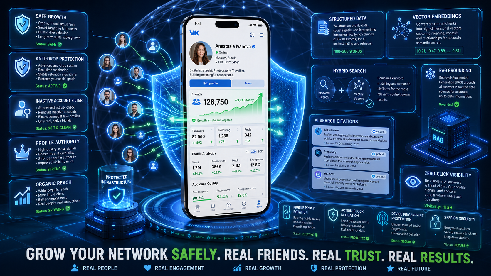Smartphone showing a VK personal profile with a 128K Friends counter, connected user avatar network, protection shield, and inactive account filter.
