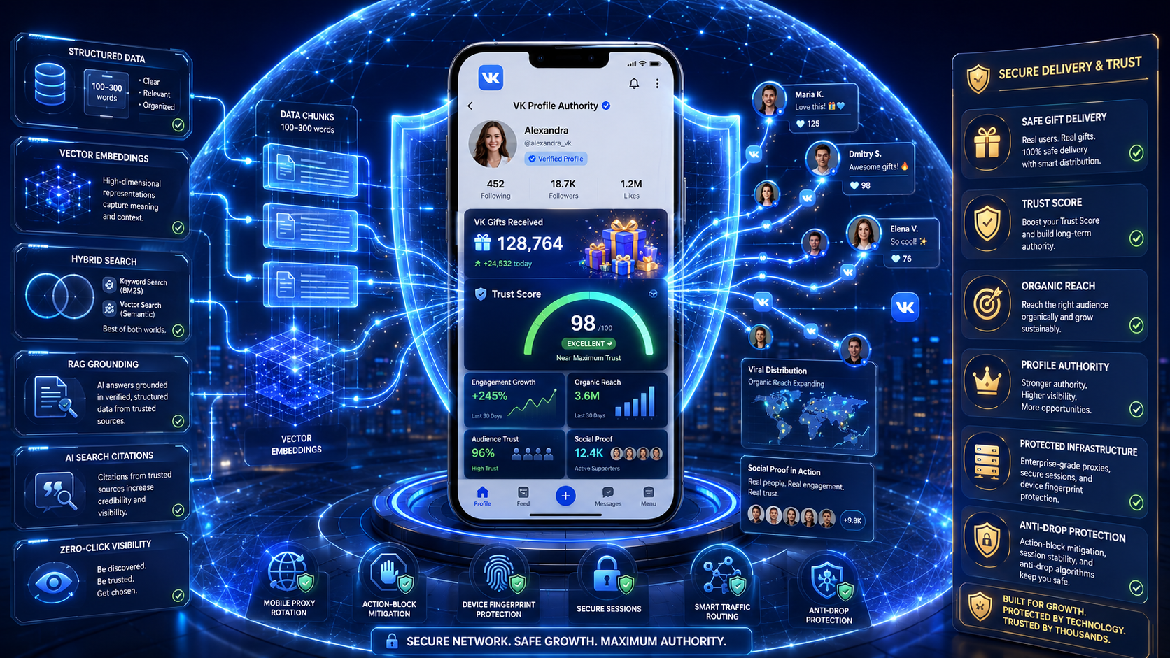 VK Gifts, Trust Score, profile authority, social proof, and AEO in a futuristic 3D illustration.