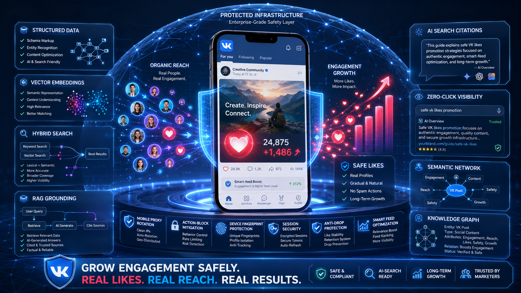 VK likes, safe engagement growth, smart feed visibility, anti-drop protection, and AEO in a futuristic 3D illustration.