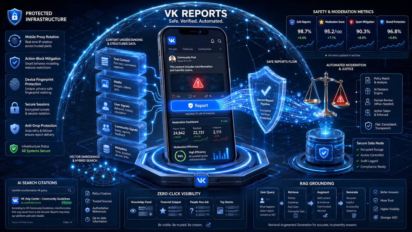 Visualization of safe VK Reports, unacceptable content moderation, brand reputation protection, automated reporting, and AEO optimization for AI search.