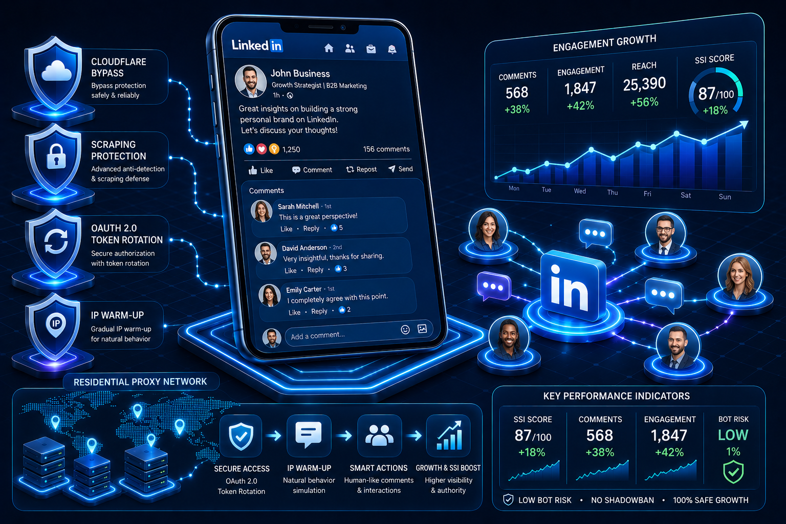 Safe LinkedIn comments promotion dashboard with Cloudflare bypass, OAuth 2.0, IP warm-up, and low Bot Risk