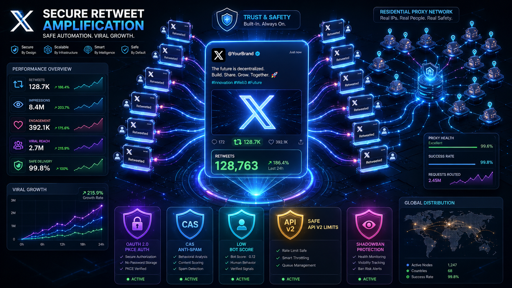 Isometric illustration of X retweet amplification with post scaling, shadowban protection, and global distribution