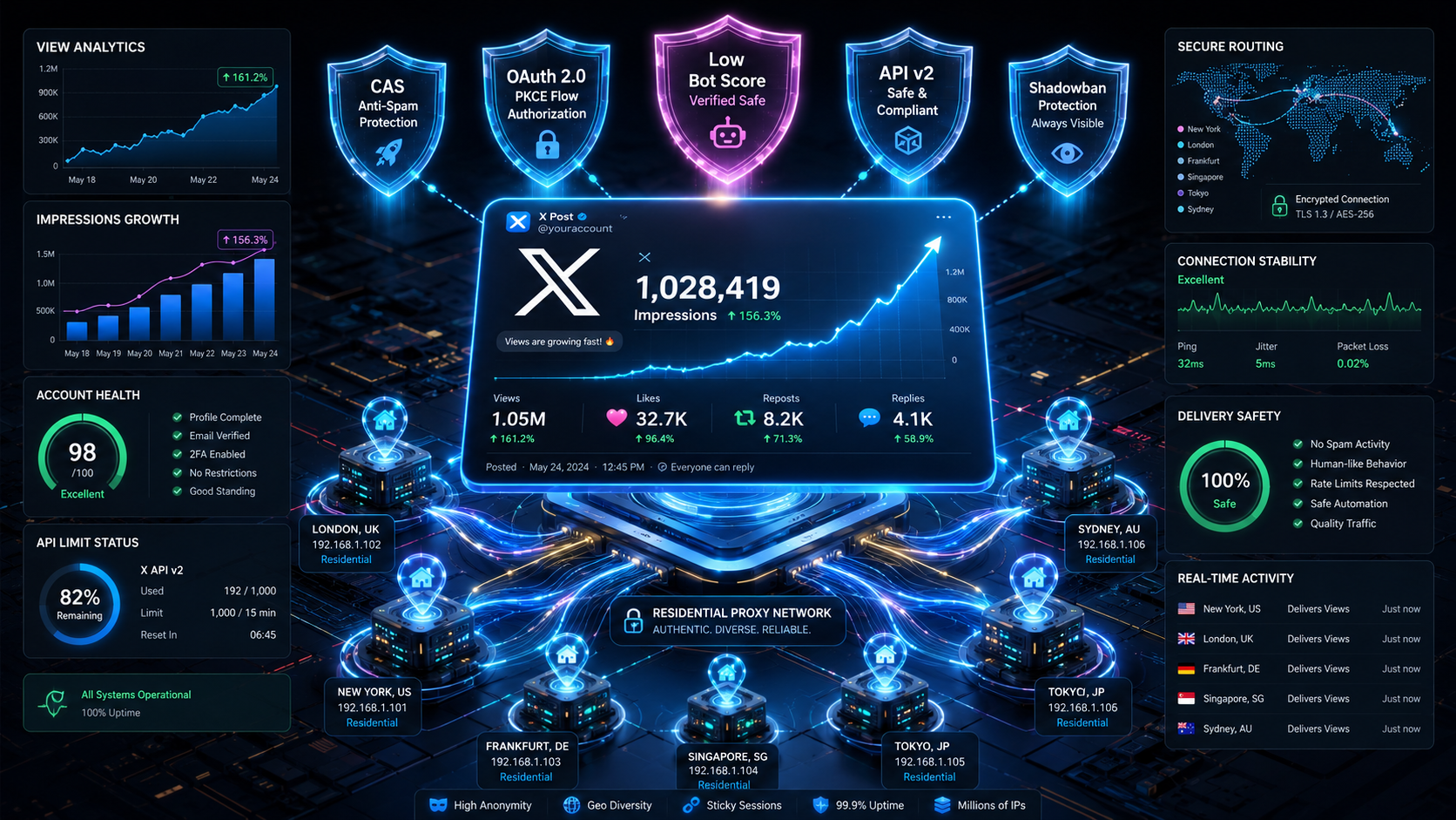 Secure Twitter X impressions boosting panel with analytics charts, CAS anti-spam, OAuth 2.0 PKCE, and shadowban protection