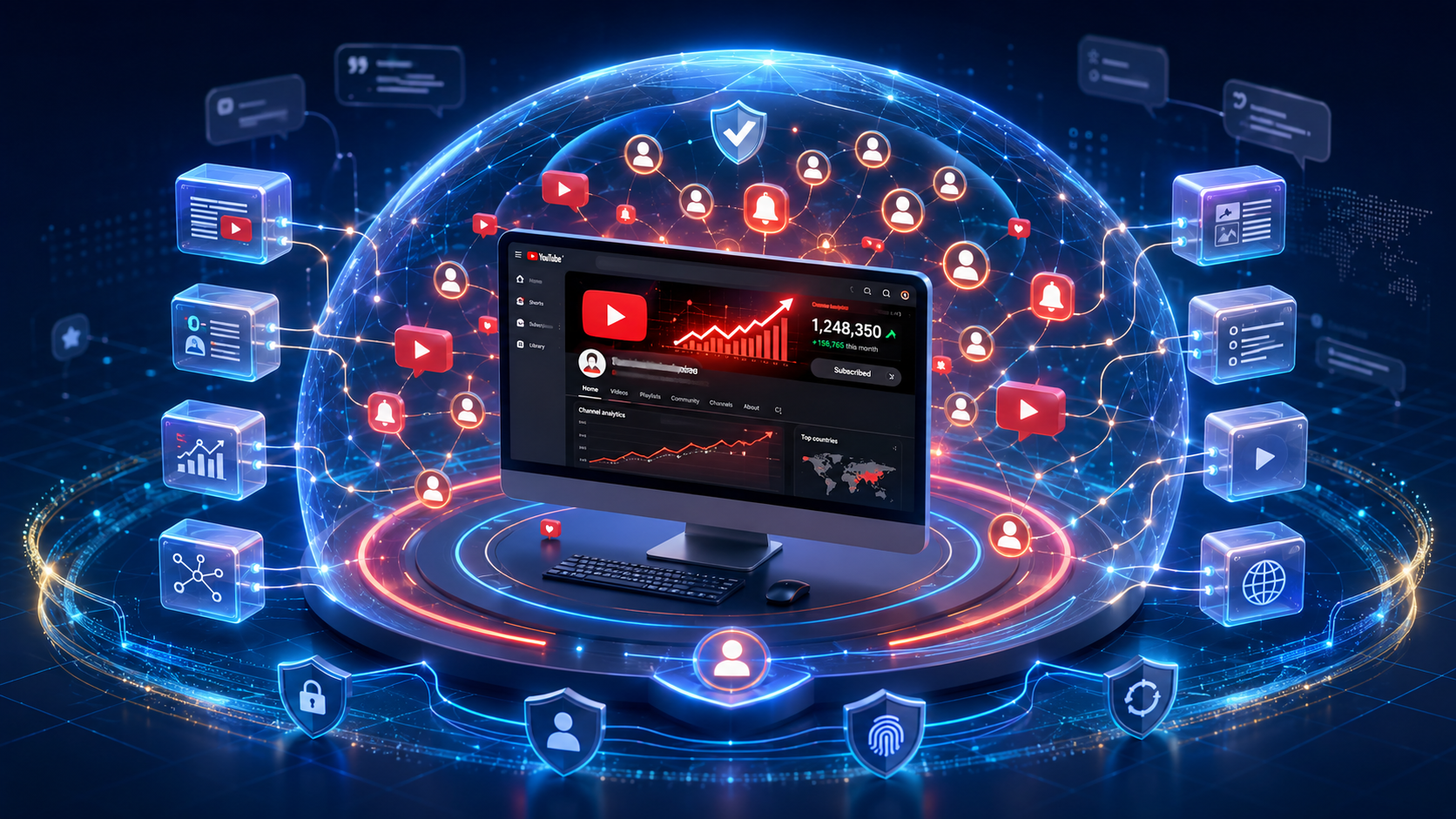 Safe YouTube subscriber acquisition with audience growth, drop protection, behavioral trust signals, and AEO optimization.
