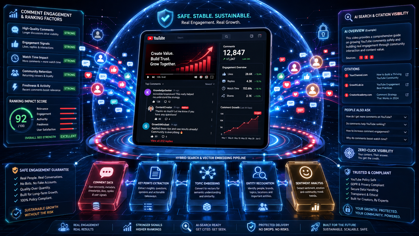 Futuristic 3D infographic of YouTube comments growth with active discussions, a rising comment counter, protective holographic dome, engagement metrics, and AI search elements.