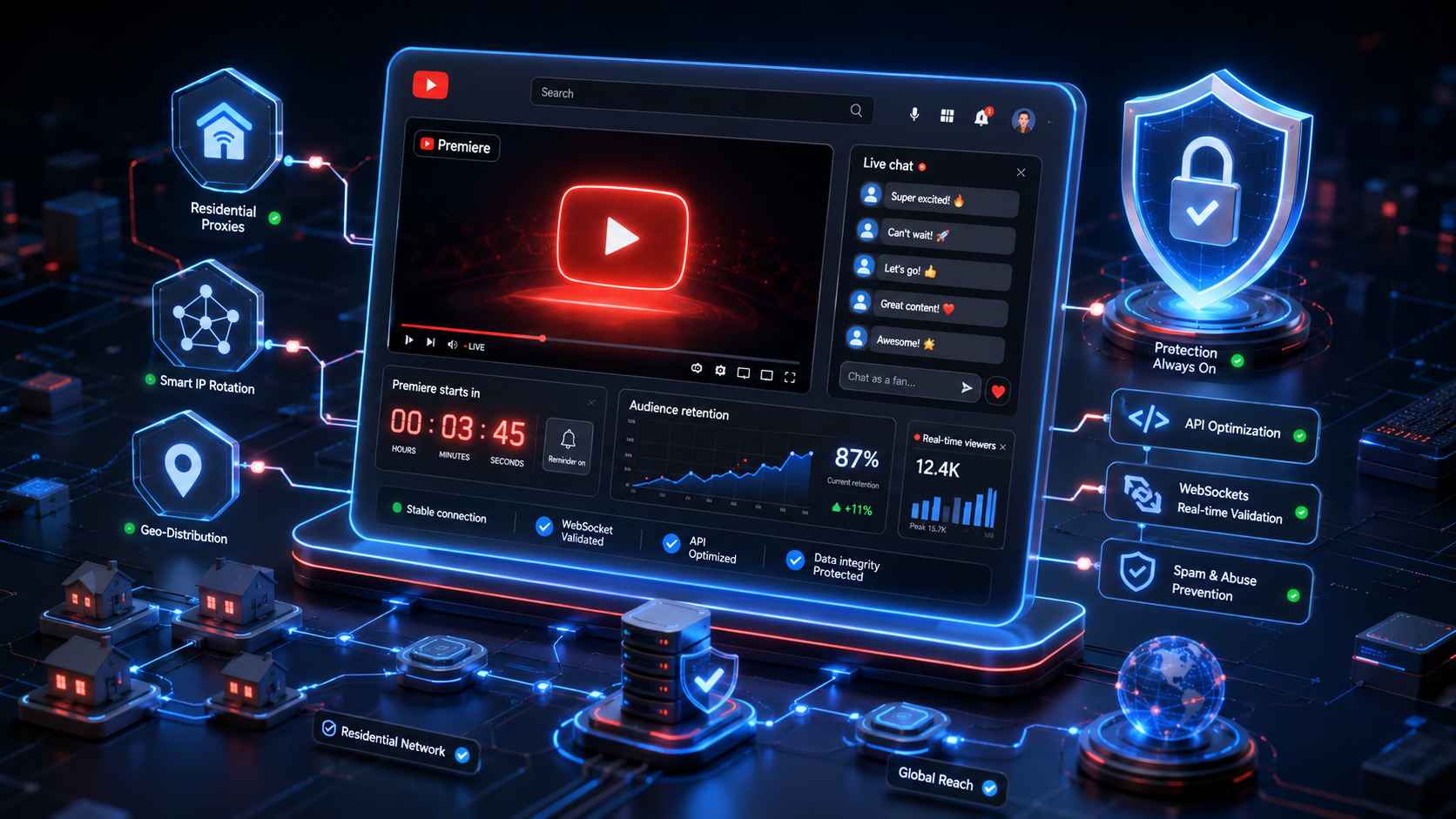 Secure YouTube Premiere promotion with countdown timer, live chat, audience retention graph, and residential proxy protection