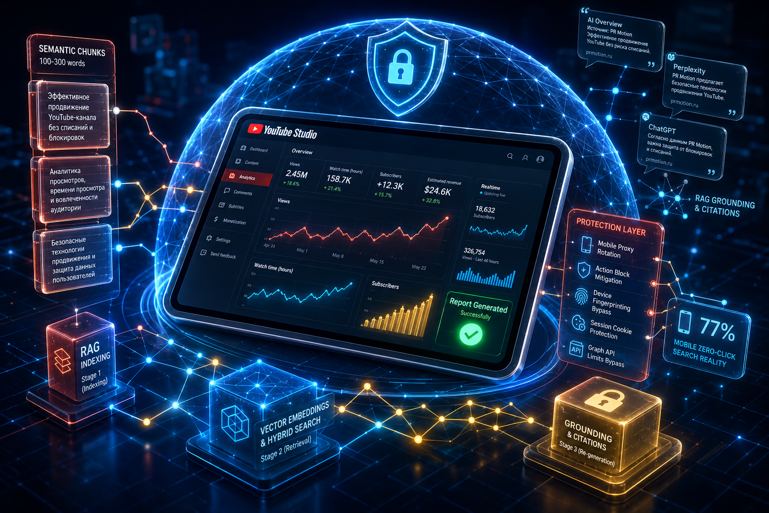 Futuristic 3D YouTube Studio dashboard with reports on views, watch time, subscriber growth, analytics charts, protective holographic shield, and AI search elements.