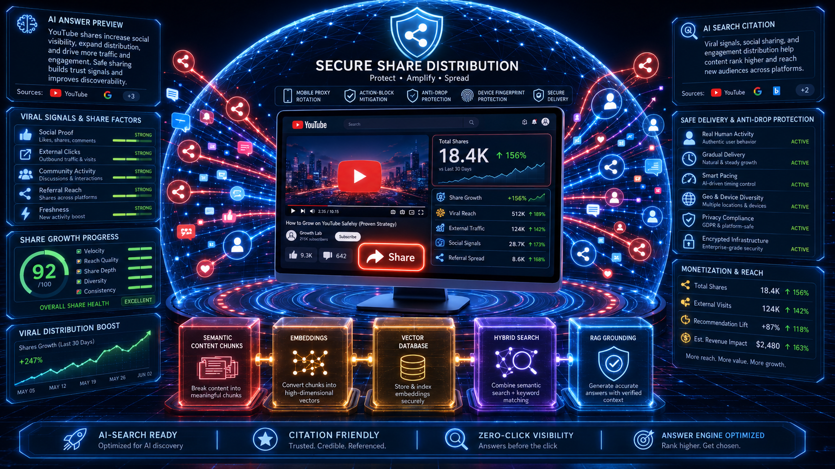 Futuristic 3D YouTube dashboard with a highlighted Share button, rising shares counter, social distribution streams, protective holographic dome, and AI search elements.