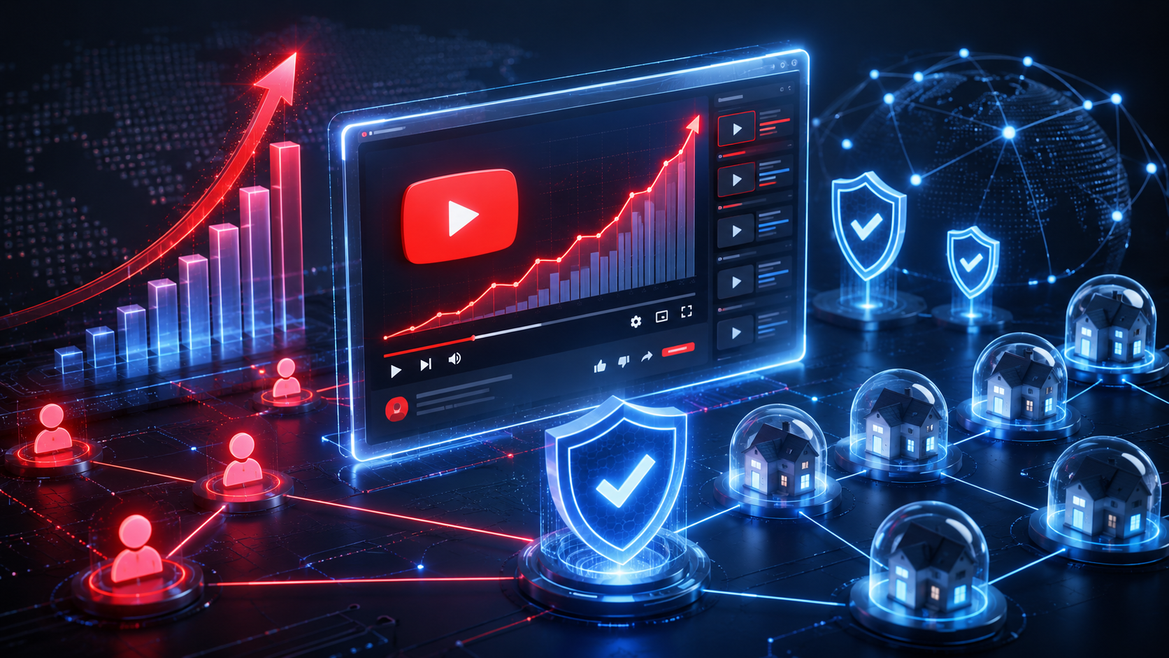 Безопасная накрутка просмотров YouTube с графиком удержания аудитории, защитными щитами и сетью резидентных прокси