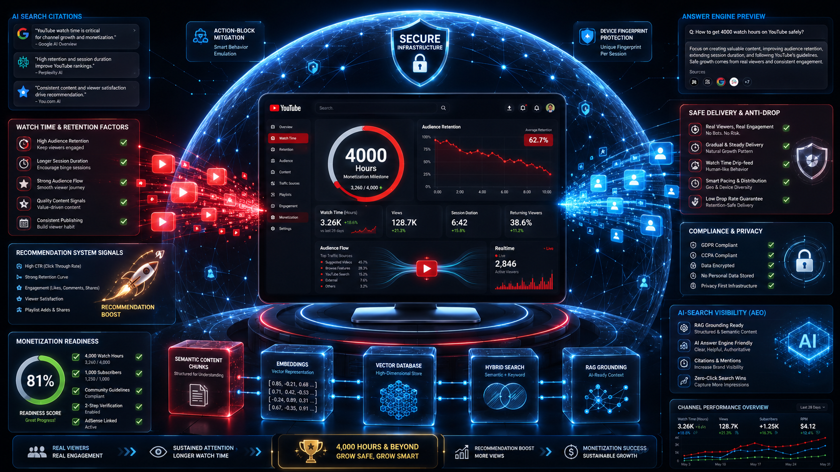 Safe YouTube watch time growth with audience retention, drop protection, recommendation boost, and AEO optimization.