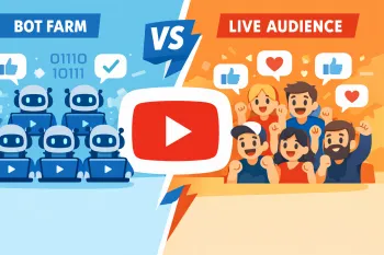Бот-ферма против живой аудитории: мультяшная иллюстрация с логотипом YouTube в центре, роботами слева и активными зрителями справа.