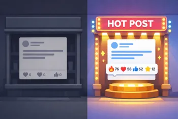 Слева тусклая витрина с постом без реакций, справа яркая неоновая витрина с постом и множеством эмодзи-реакций, показывающая, как активность делает контент заметнее и привлекательнее.