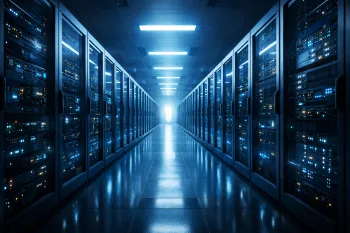 Коридор дата-центра с рядами серверных стоек и холодным синим освещением.