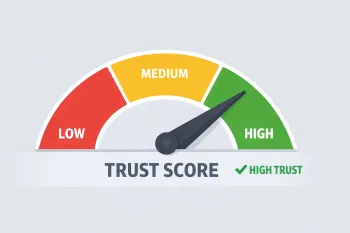 Trust Score индикатор с уровнями LOW, MEDIUM и HIGH, стрелка указывает на высокий уровень доверия