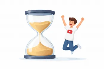 Радостный блогер в футболке YouTube прыгает рядом с песочными часами