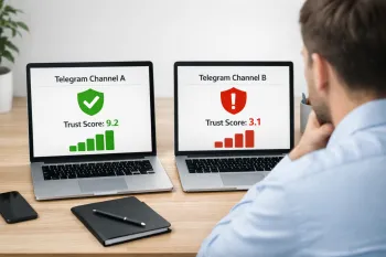 Маркетолог сравнивает два Telegram-канала: у одного высокий Trust Score с зелёным индикатором, у другого низкий рейтинг с красным сигналом.