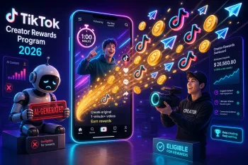 TikTok Creator Rewards Program 2026 с оригинальным контентом, монетами, ИИ-фильтром, автором с камерой и панелью выплат