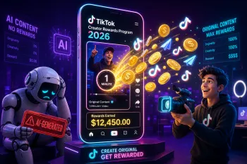 TikTok Creator Rewards Program 2026 with original content rewards, AI-generated warning, coins, camera creator and monetization dashboard