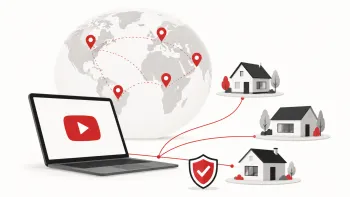 Минималистичная иллюстрация YouTube, IP-геолокации и резидентных прокси с домами, картой мира и защищенным соединением.